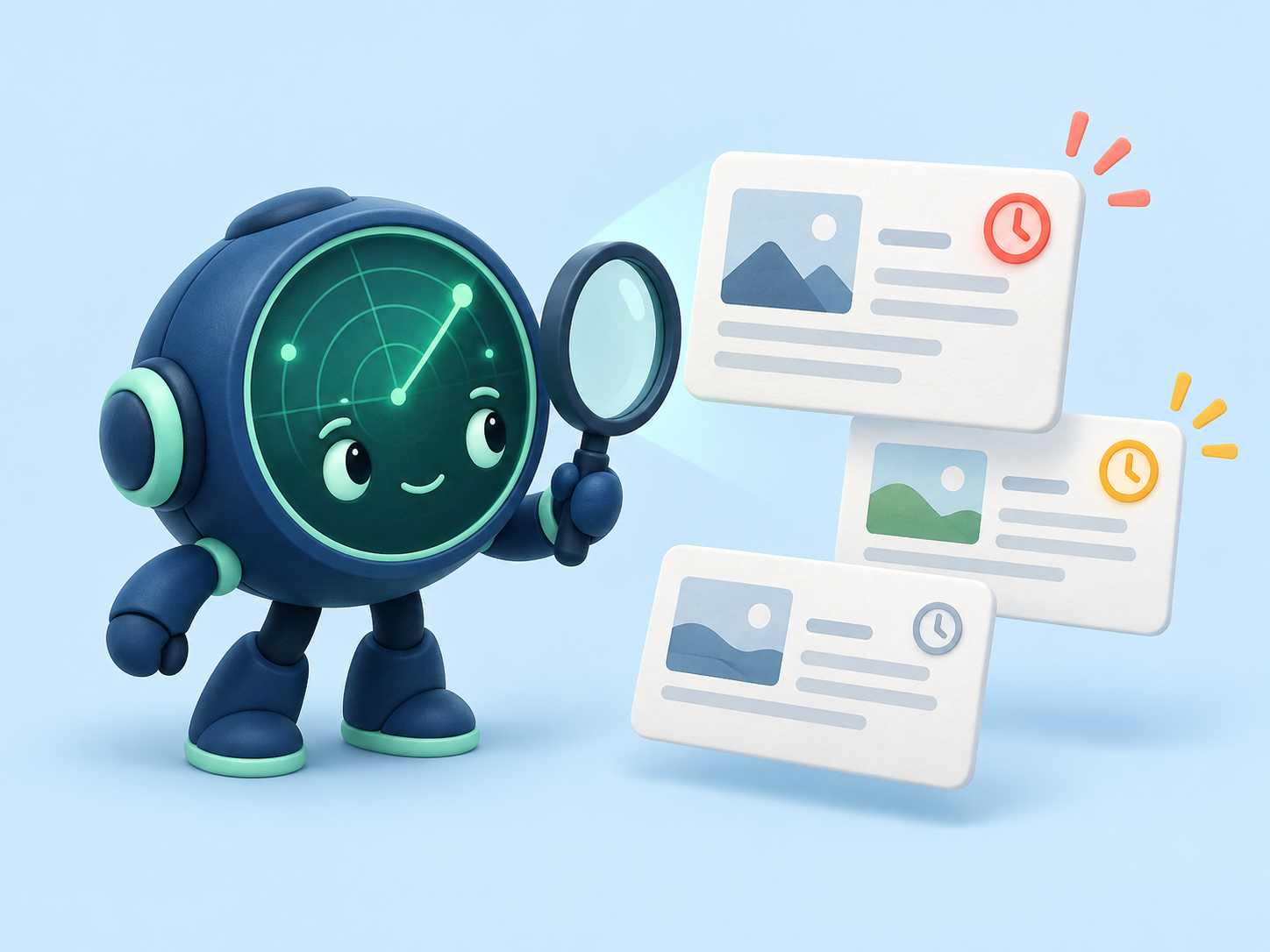 A friendly radar mascot inspecting article cards with clock markers.